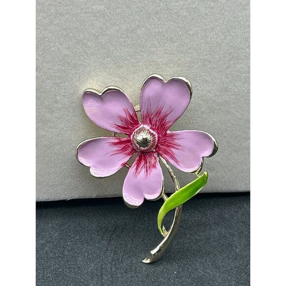 Vintage Gerry’s Enamel‎ Pink Flower Brooch Pin With Green Stem - Picture 1 of 4